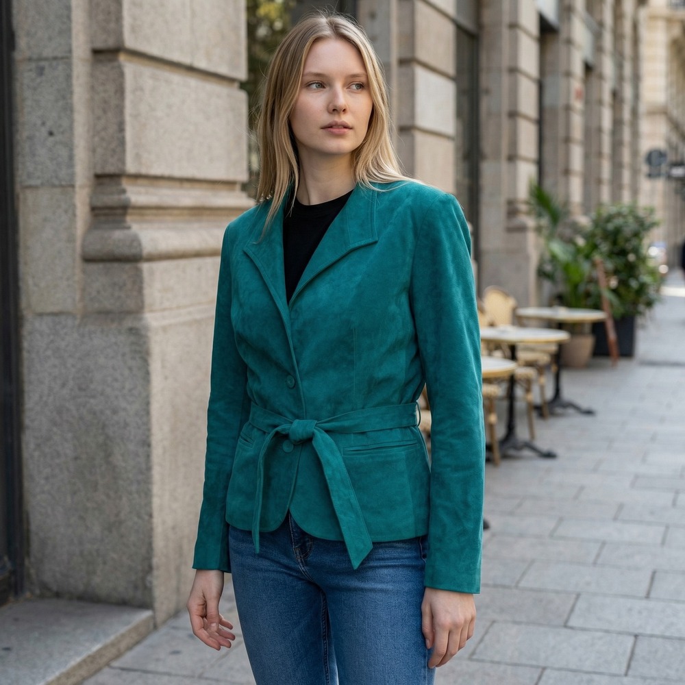 Vintage Roth Le‎ Cover Teal Ultrasuede Belted Blazer Jacket ILGWU Made in USA 14